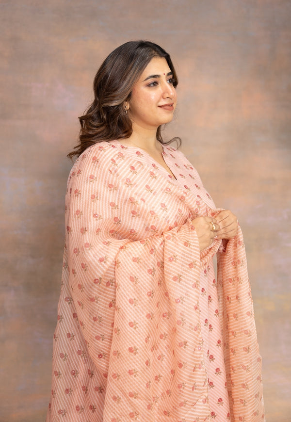 Rose Pink Sanganeri Kota Doria Silk Dupatta with Mukaish Detailing