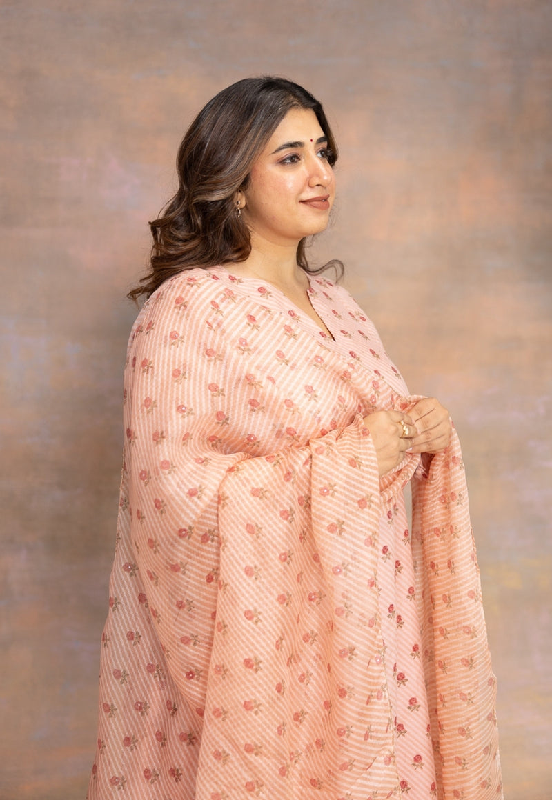 Rose Pink Sanganeri Kota Doria Silk Dupatta with Mukaish Detailing