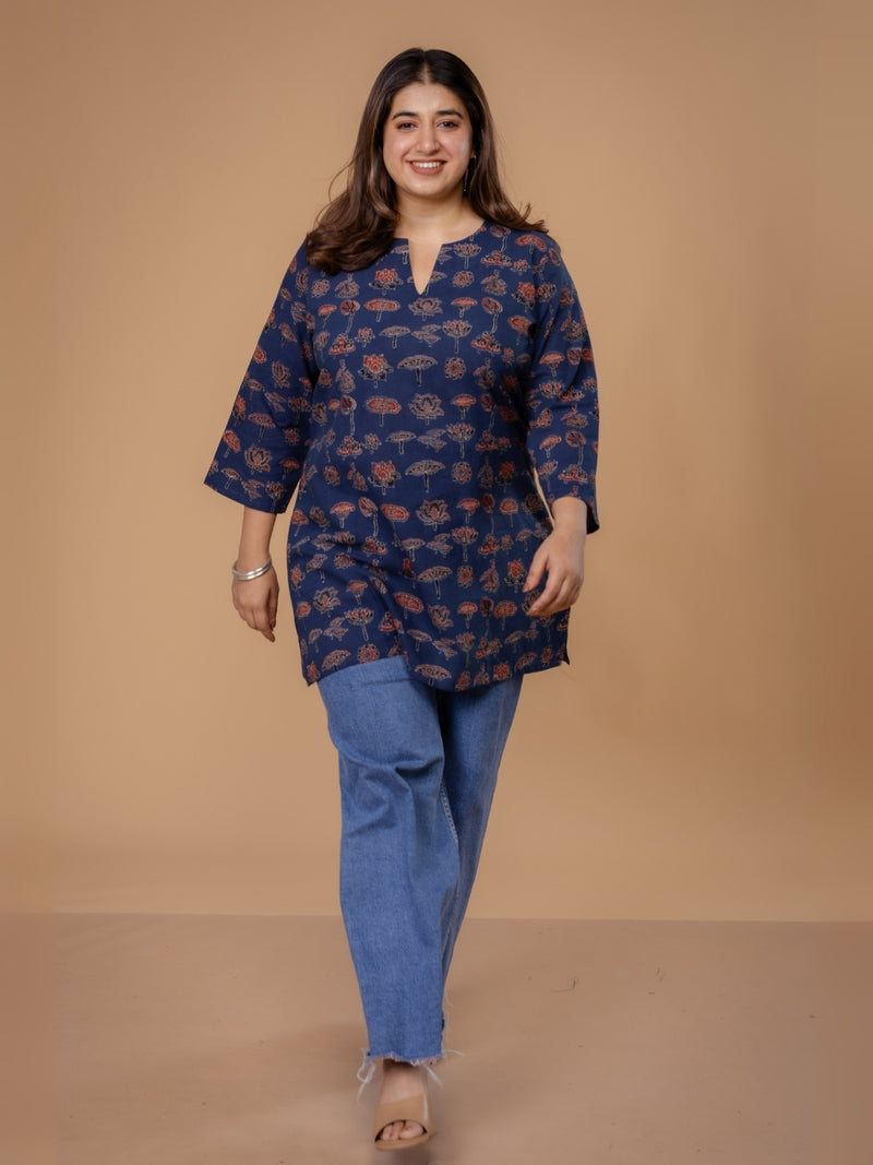 Mishel Blue Ajrakh Cotton Straight Short Top