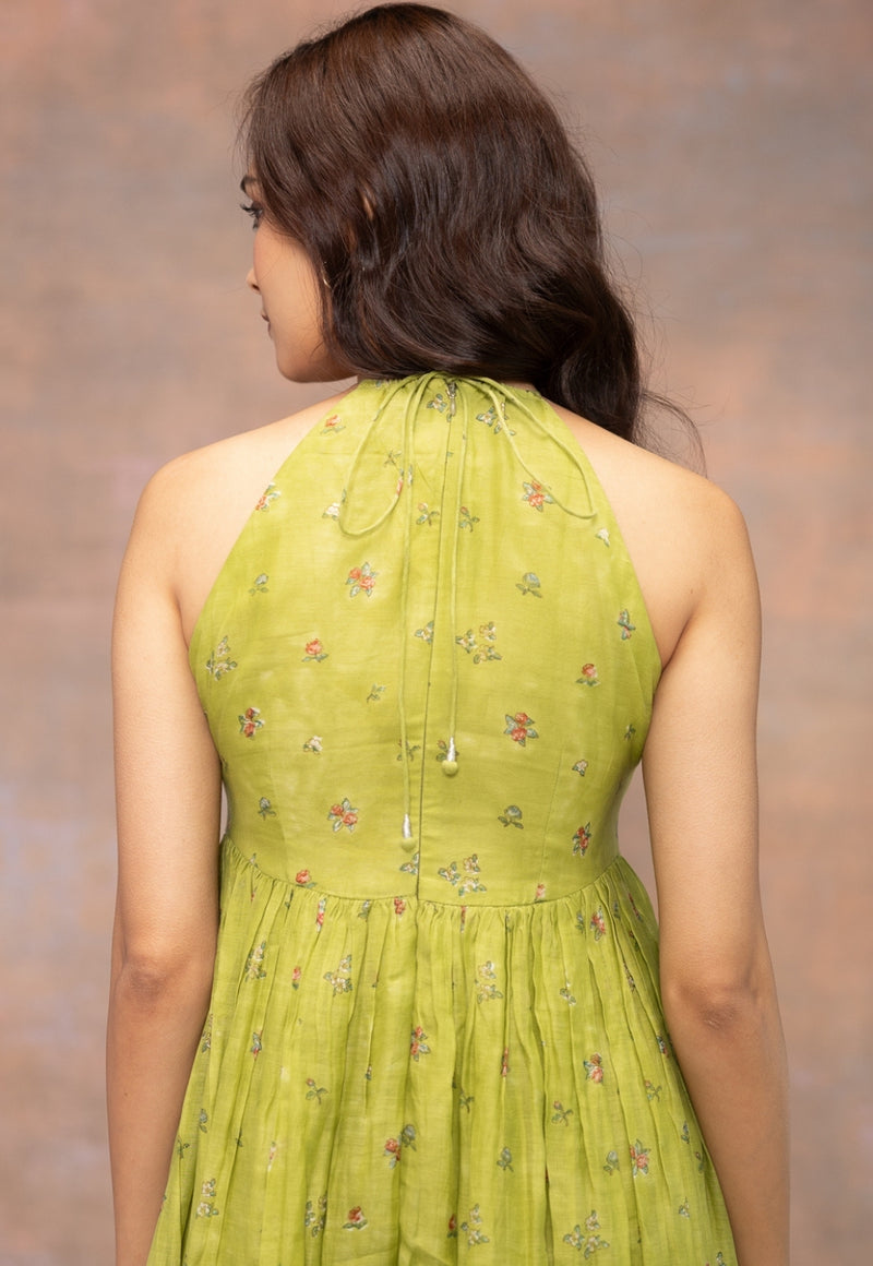 Rooz Green Sanganeri Chanderi Silk Silk A Line Dress
