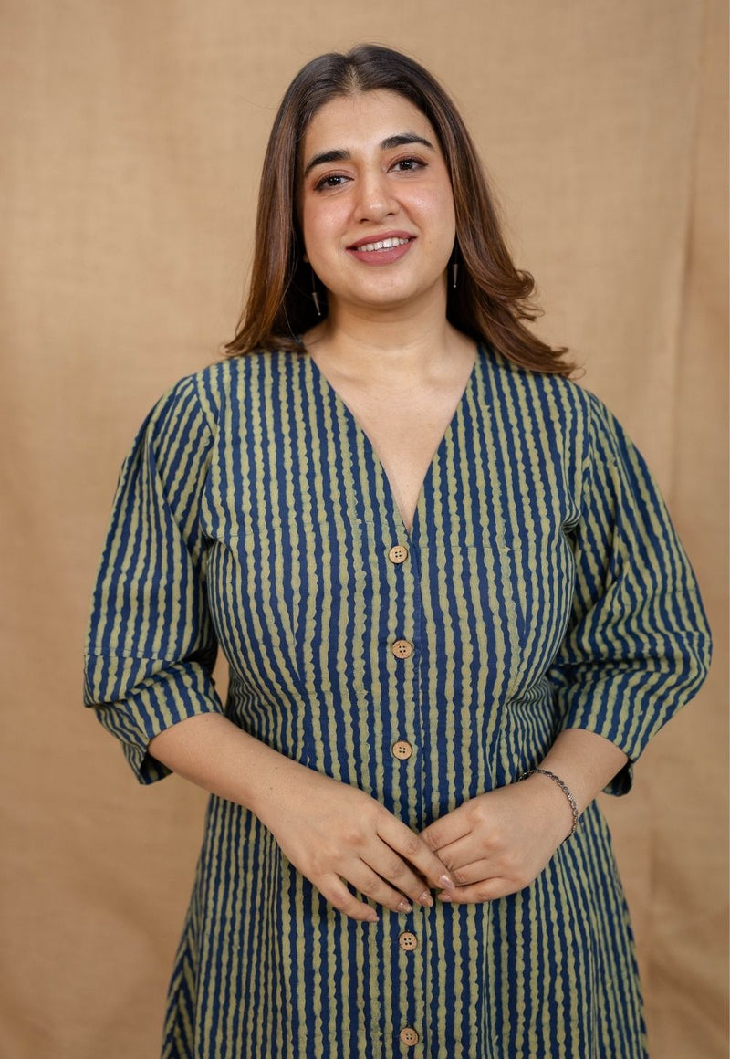 Nimit Indigo Ajrakh Cotton A Line Dress