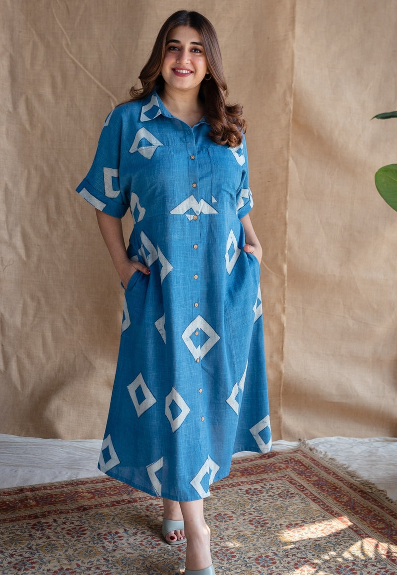 Arham Blue A Line Dabu Slub Cotton Dress