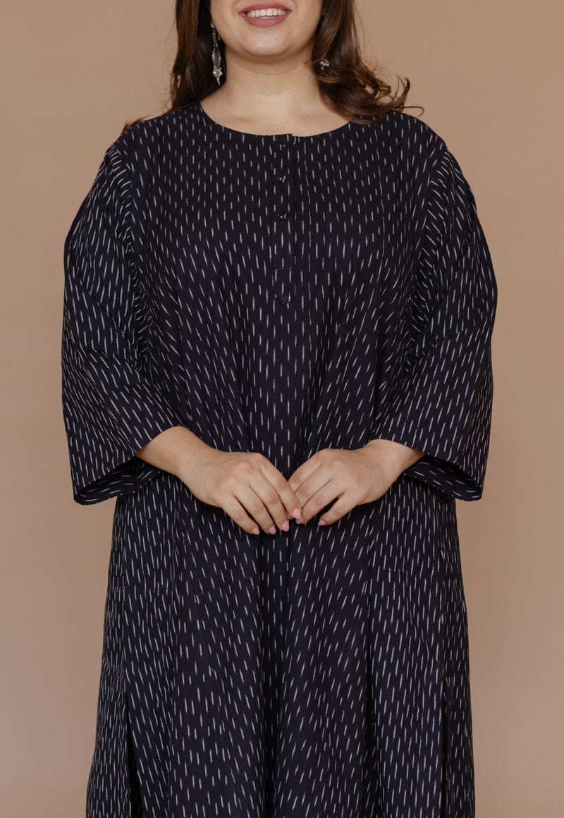 Alizah Black Handloom Ikkat Cotton Jhabbha Kali Kurta