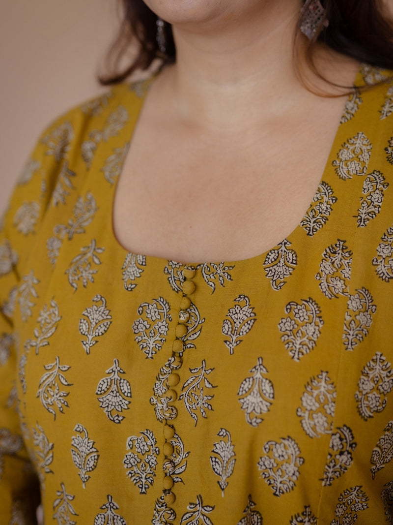 Akrita Yellow Bagru Cotton Kali Kurta