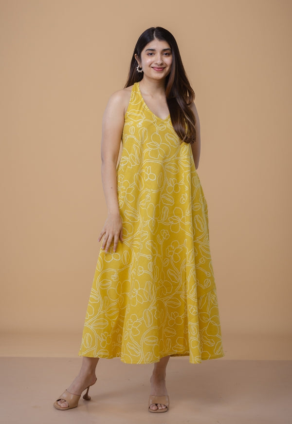 Tashi Yellow Dabu Slub Cotton A Line Dress