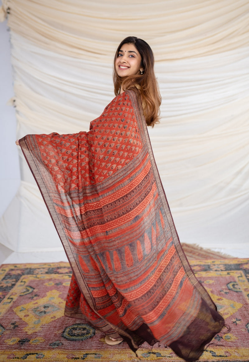 Red Ajrakh Hand Block Printed Linen saree
