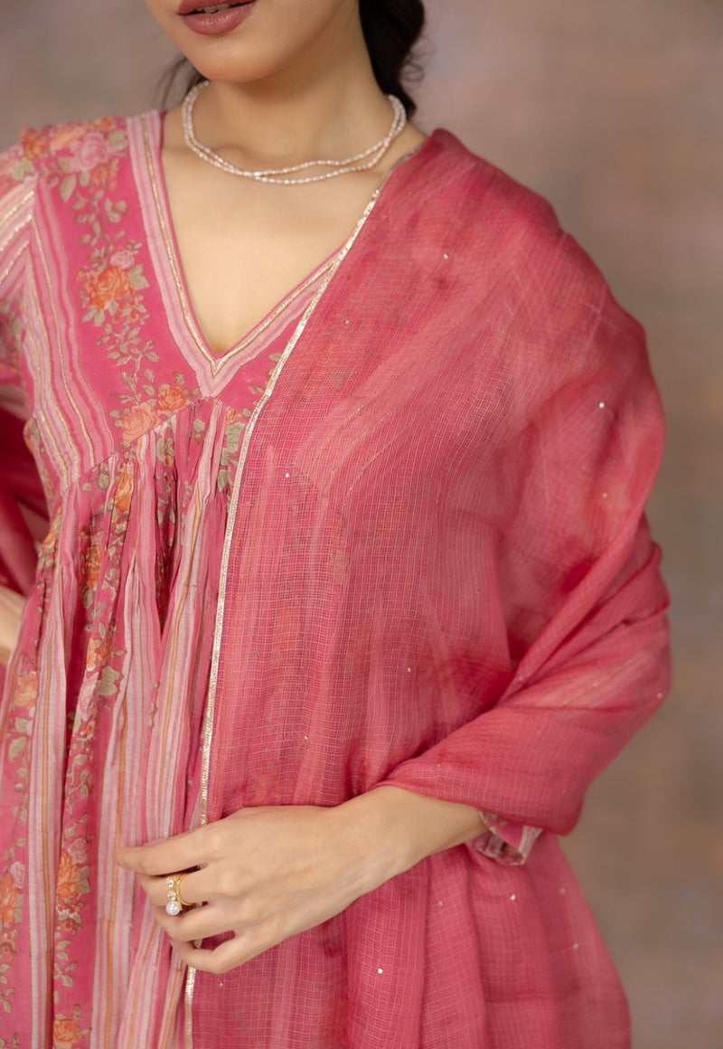 Rooz Pink Sanganeri Chanderi Silk A Line Kurta with Lace Detailing