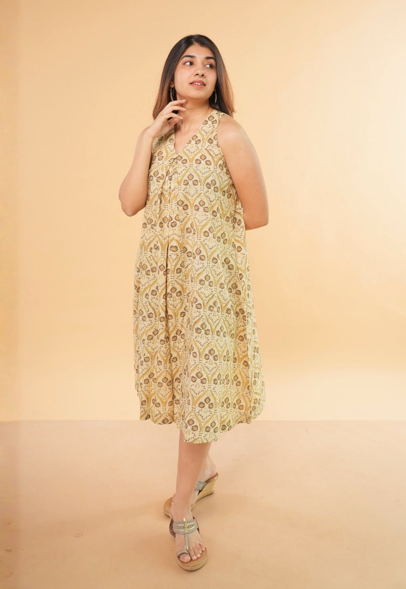 Eira Beige Ajrakh Cotton A Line Dress