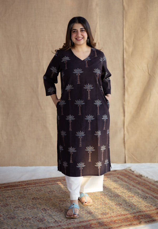 Aarushi Charcoal Ajrakh Cotton Straight Kurta