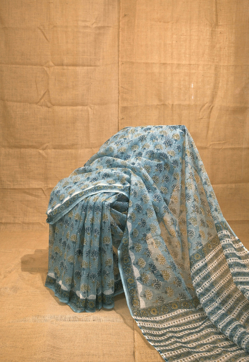 Green Butta Sanganeri Hand Block Print Kota Doria Saree