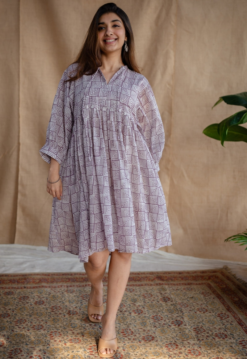 Elina Lavender Batik MulMul Cotton A Line Dress