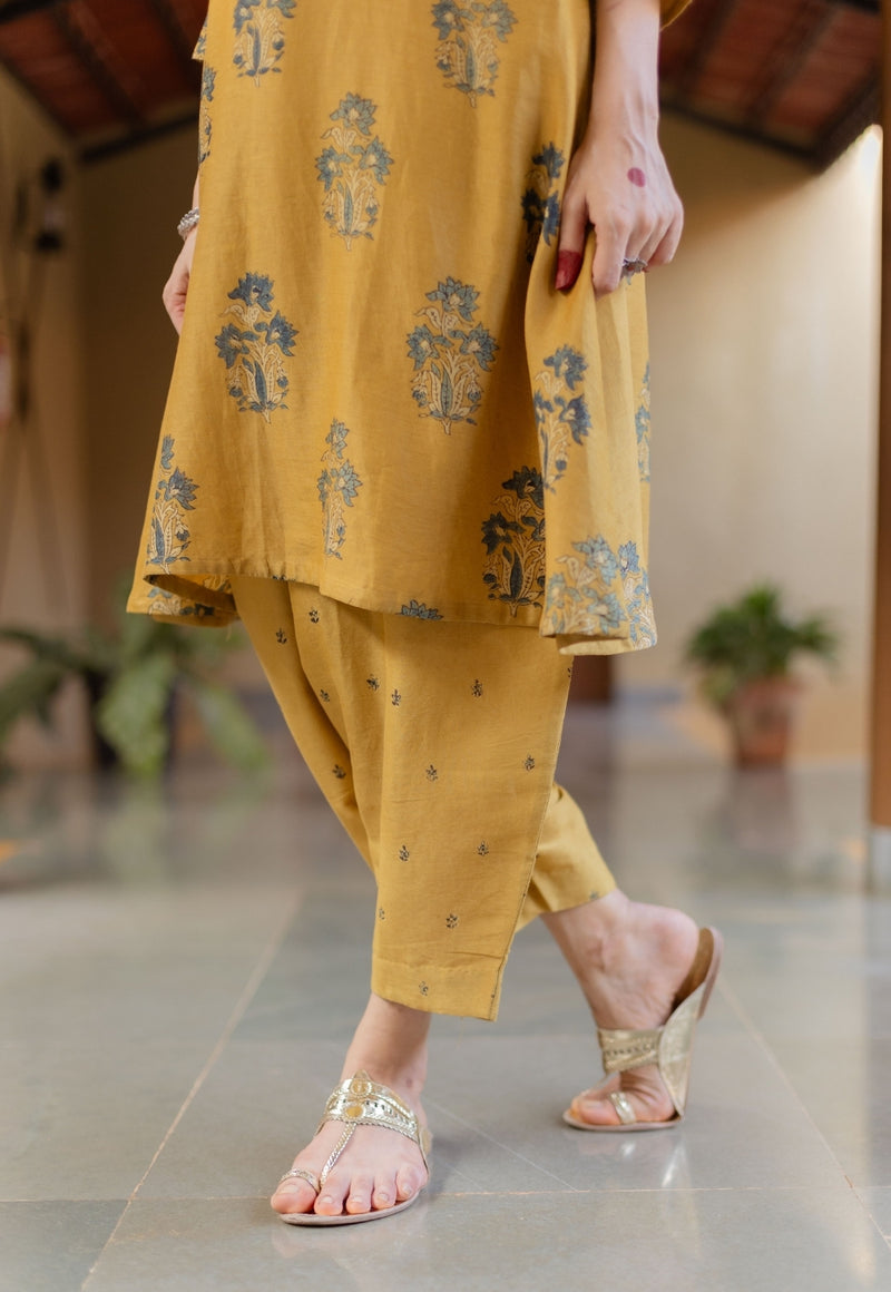 Daksha Mustard Ajrakh Chanderi Silk A Line Kurta with Hand Embroidery