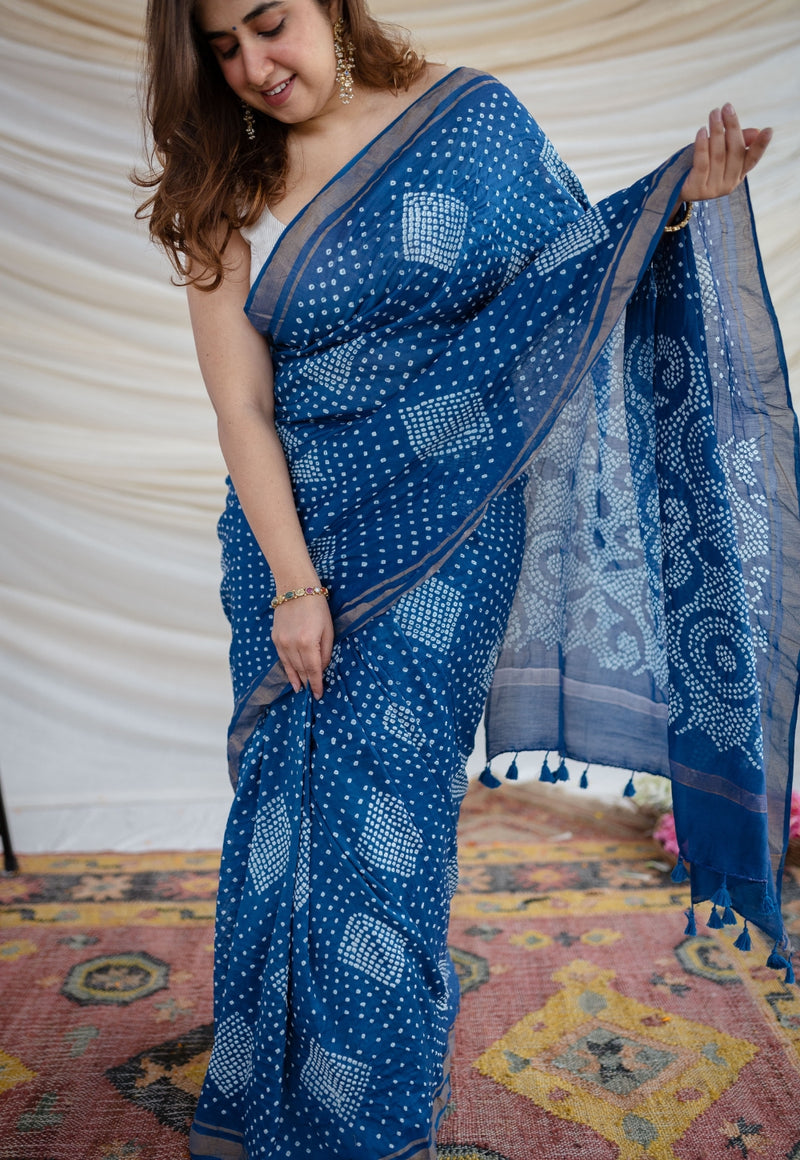 Blue Bandhani Cotton Silk Saree