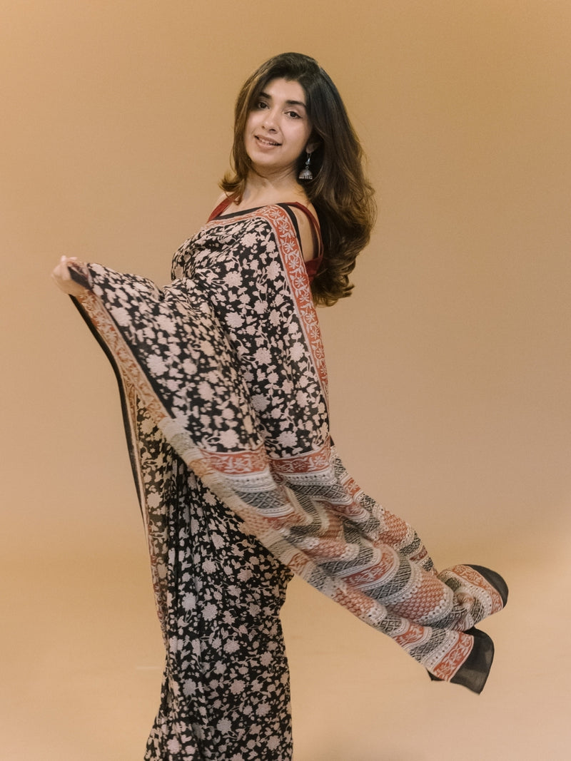 Black Jaal Bagru Hand Block Print Modal Saree