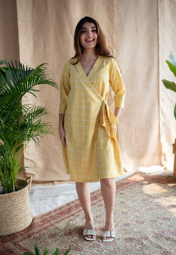 Erza Yellow Dabu Slub Cotton Straight Dress