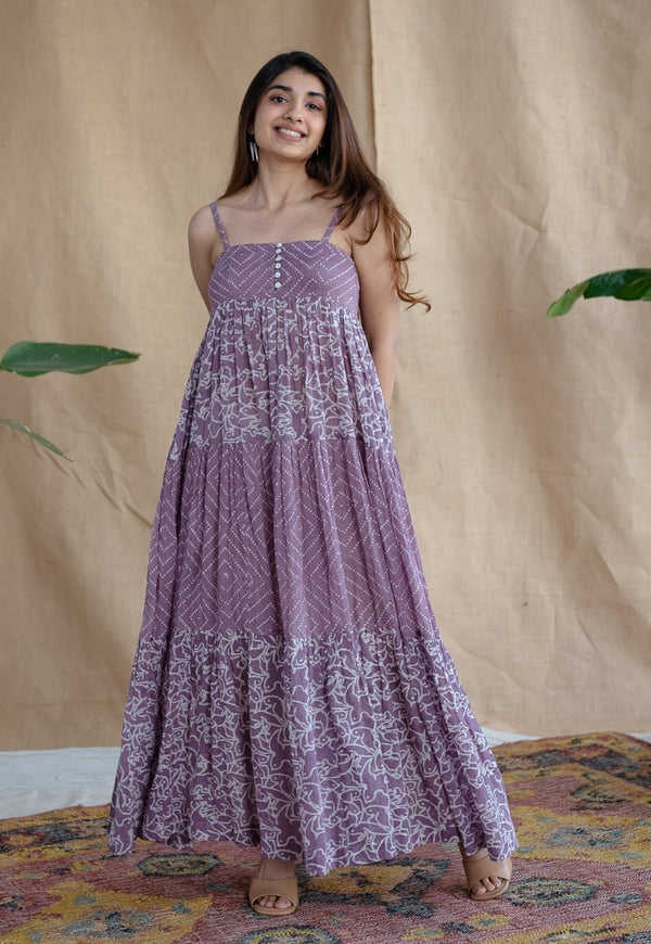 Vihaa Lavender Batik MulMul Cotton A Line Dress