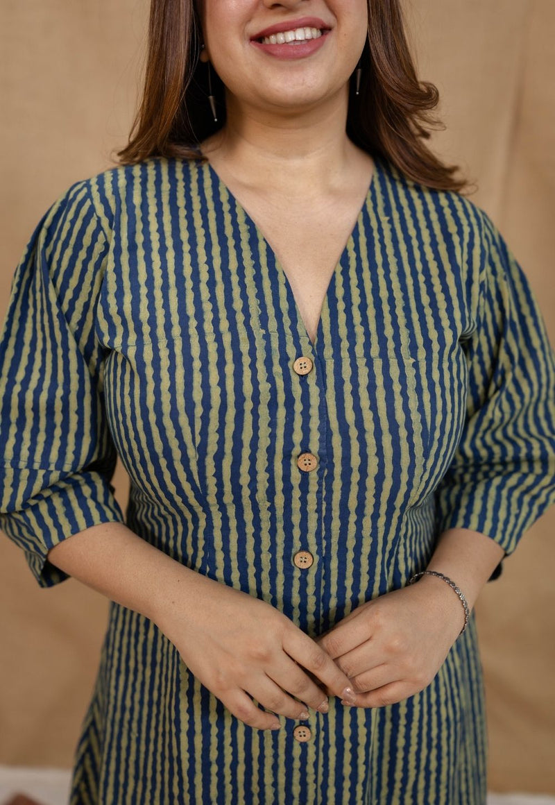 Nimit Indigo Ajrakh Cotton A Line Dress