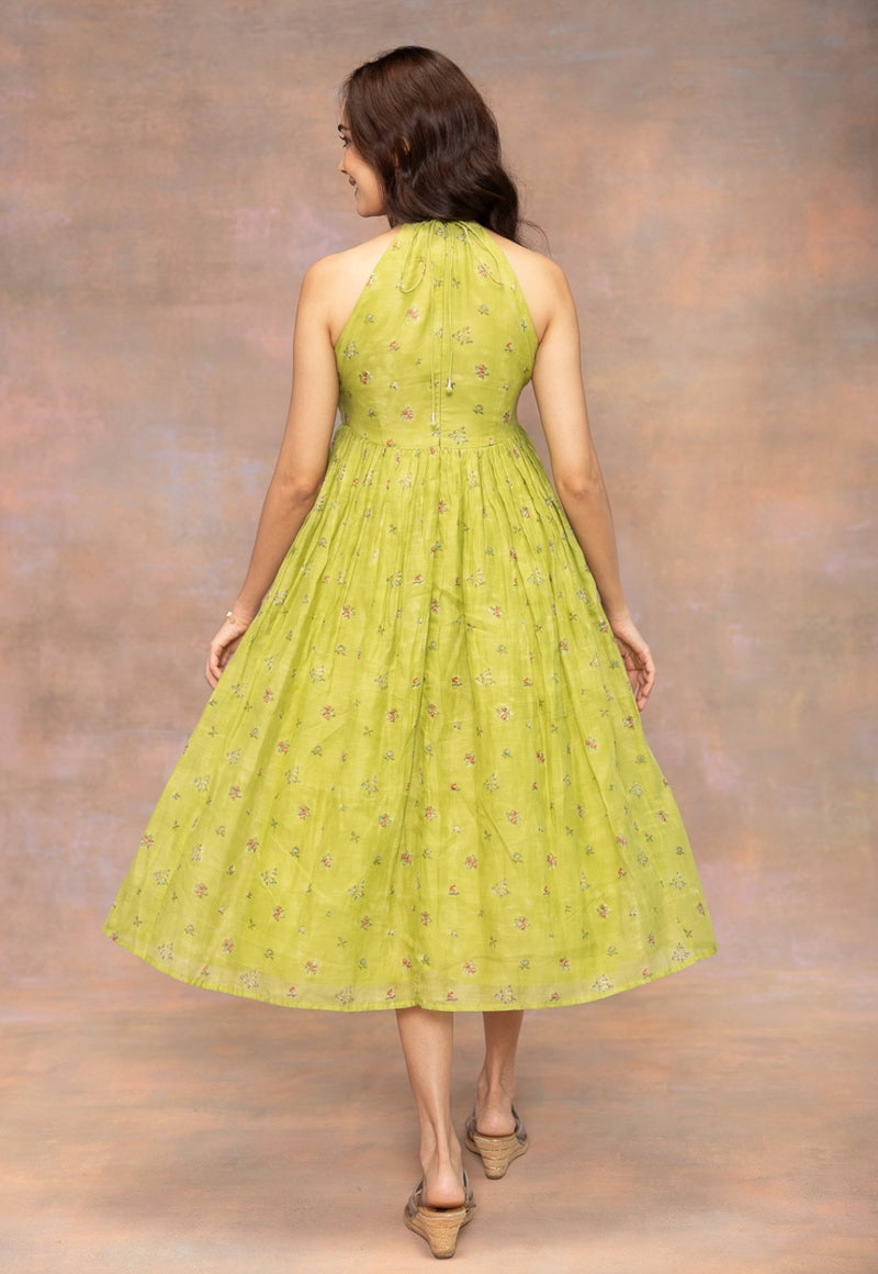 Rooz Green Sanganeri Chanderi Silk Silk A Line Dress