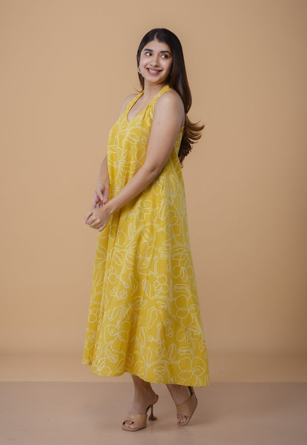 Tashi Yellow Dabu Slub Cotton A Line Dress