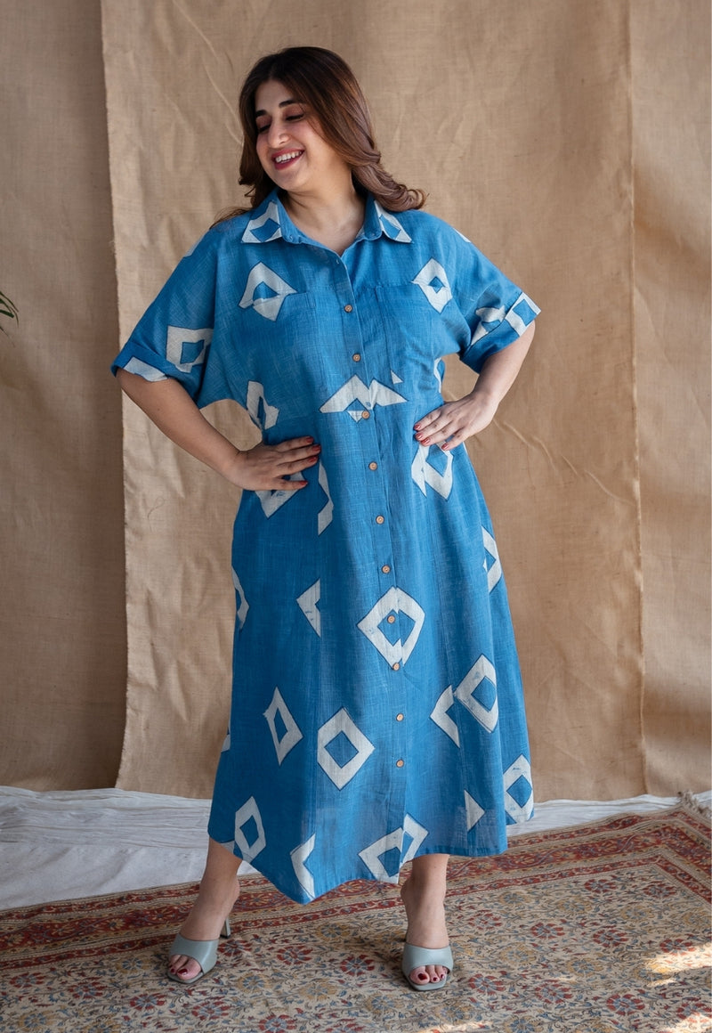 Arham Blue A Line Dabu Slub Cotton Dress