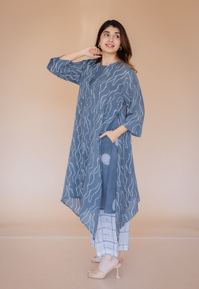 Jarsha Blue Batik MulMul A Line Kurta with Slip