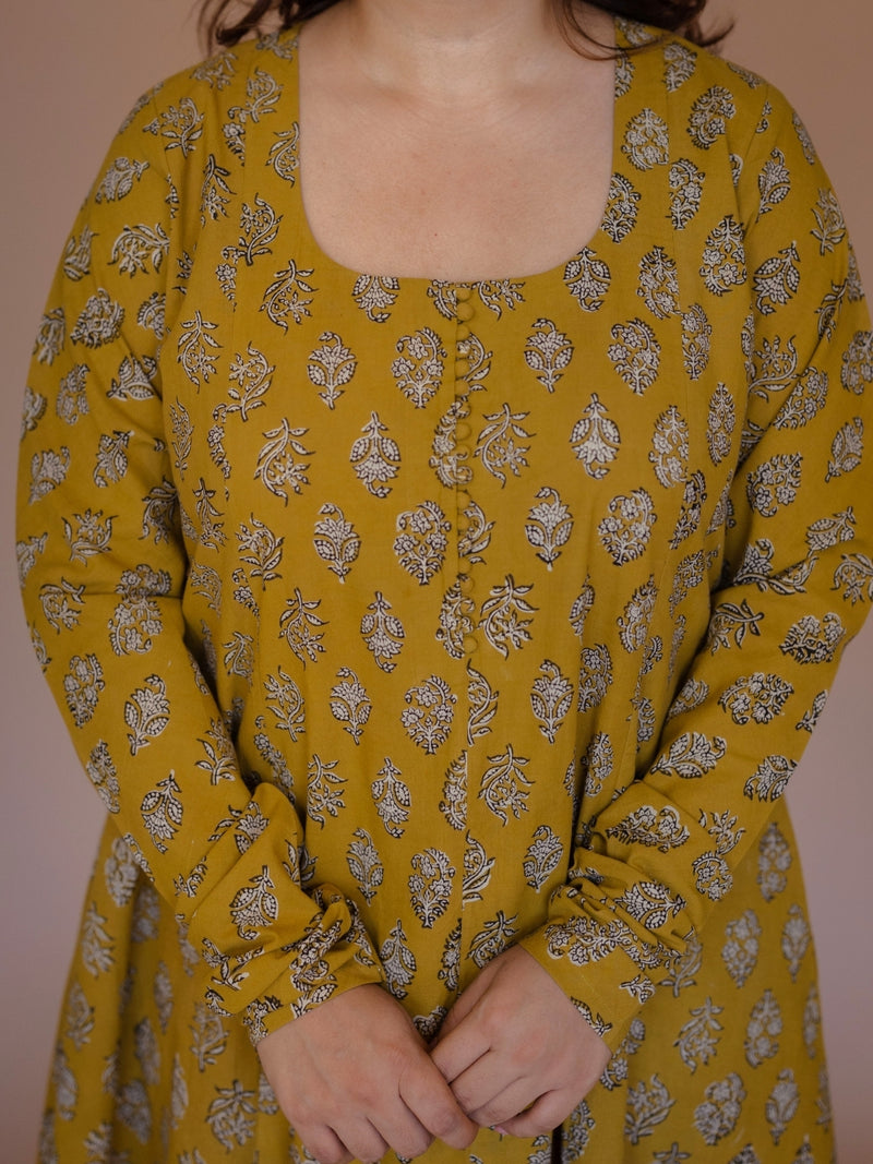 Akrita Yellow Bagru Cotton Kali Kurta