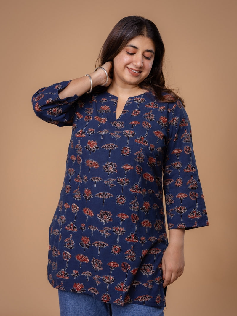 Mishel Blue Ajrakh Cotton Straight Short Top