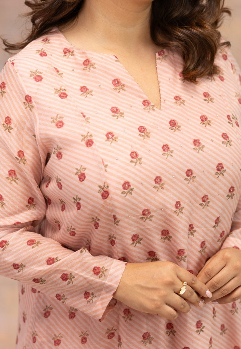 Rose Pink Sanganeri Chanderi Silk Kali Kurta with Hand Embroidery