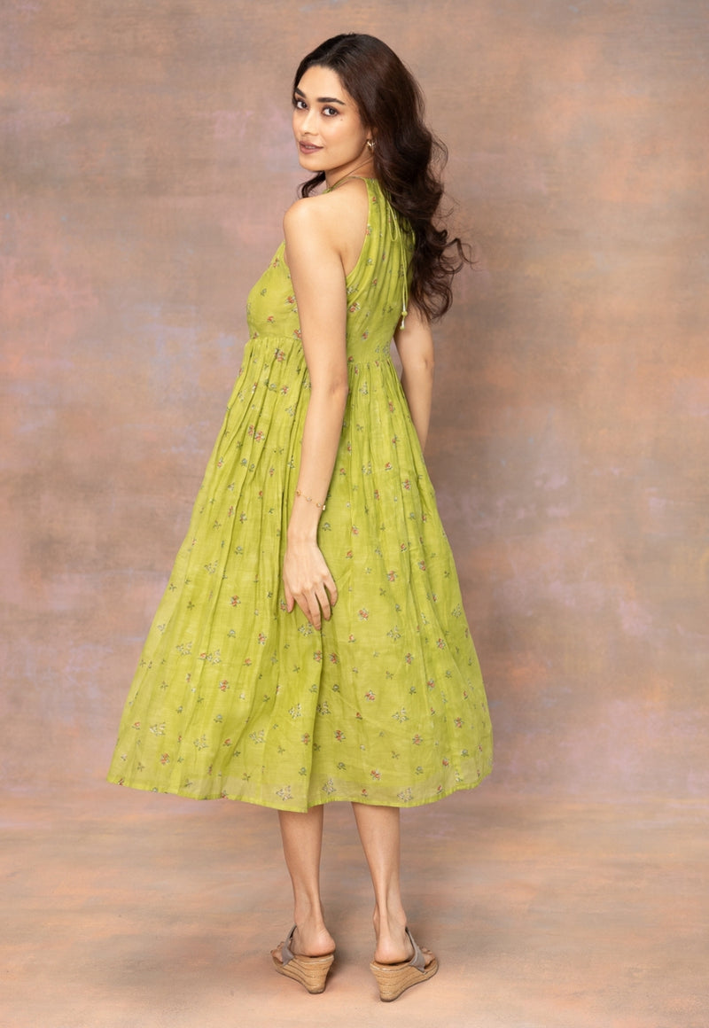 Rooz Green Sanganeri Chanderi Silk Silk A Line Dress