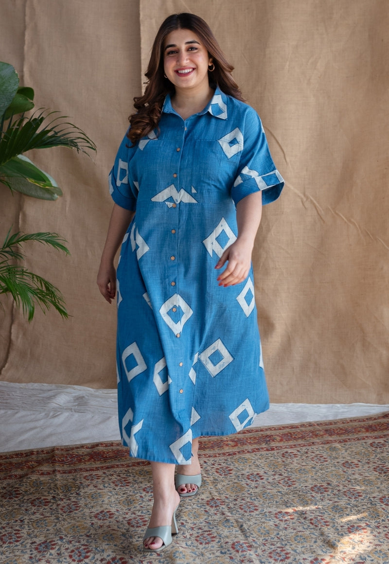 Arham Blue A Line Dabu Slub Cotton Dress