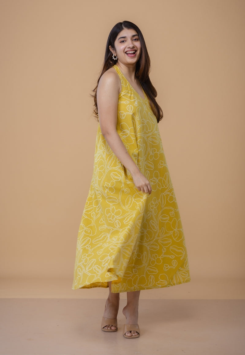 Tashi Yellow Dabu Slub Cotton A Line Dress