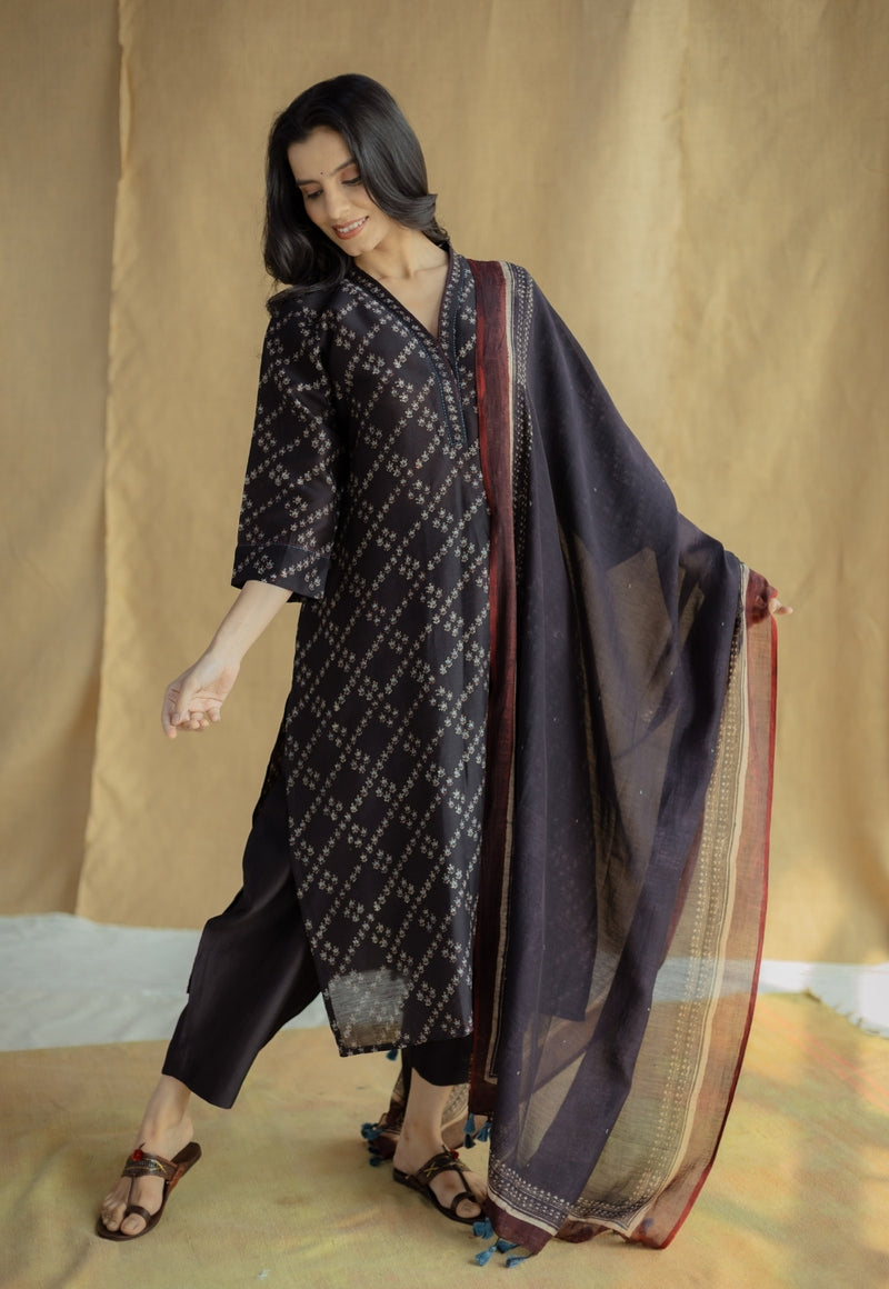 Avika Black Ajrakh Chanderi Silk Straight Kurta with Hand Embroidery