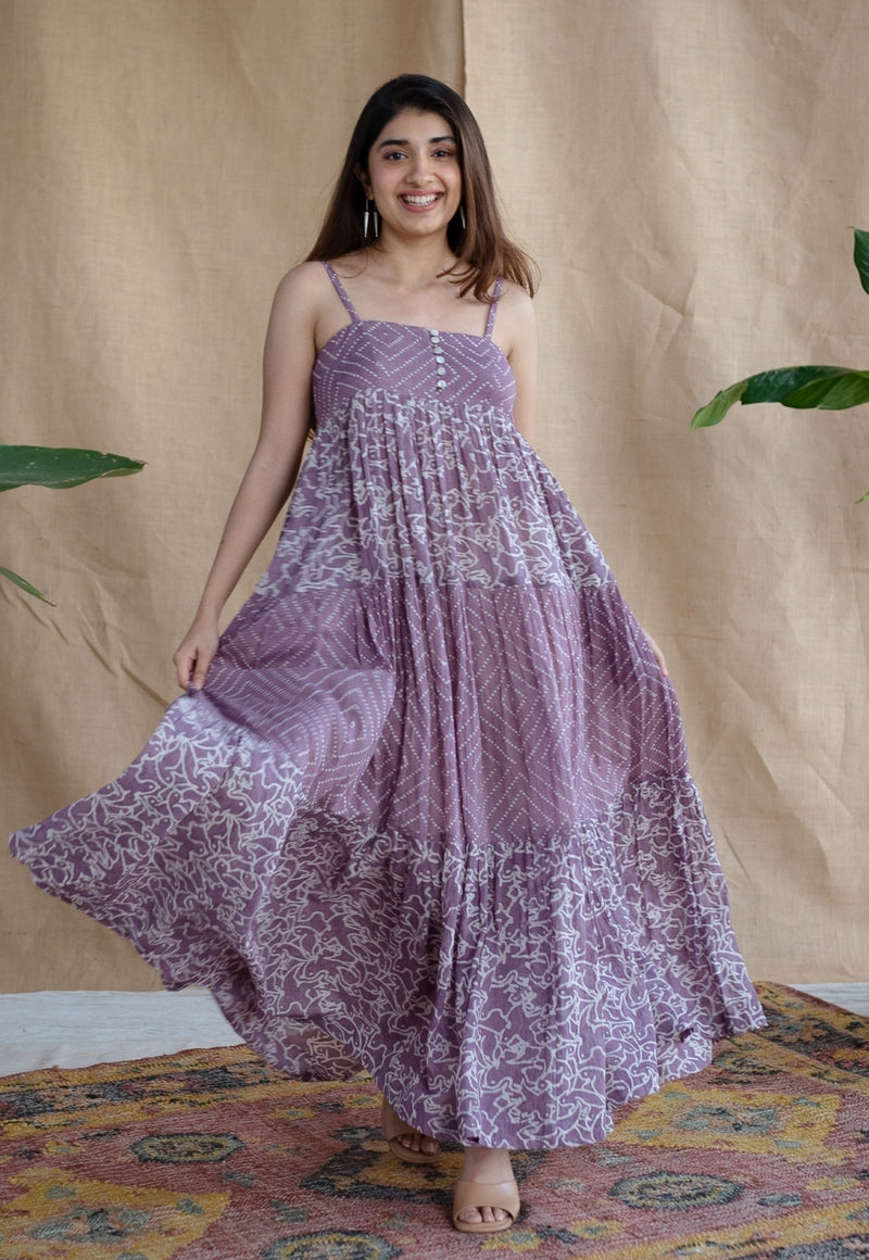 Vihaa Lavender Batik MulMul Cotton A Line Dress