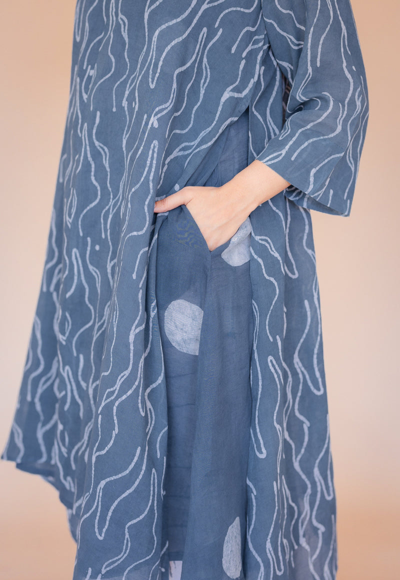 Jarsha Blue Batik MulMul A Line Kurta with Slip