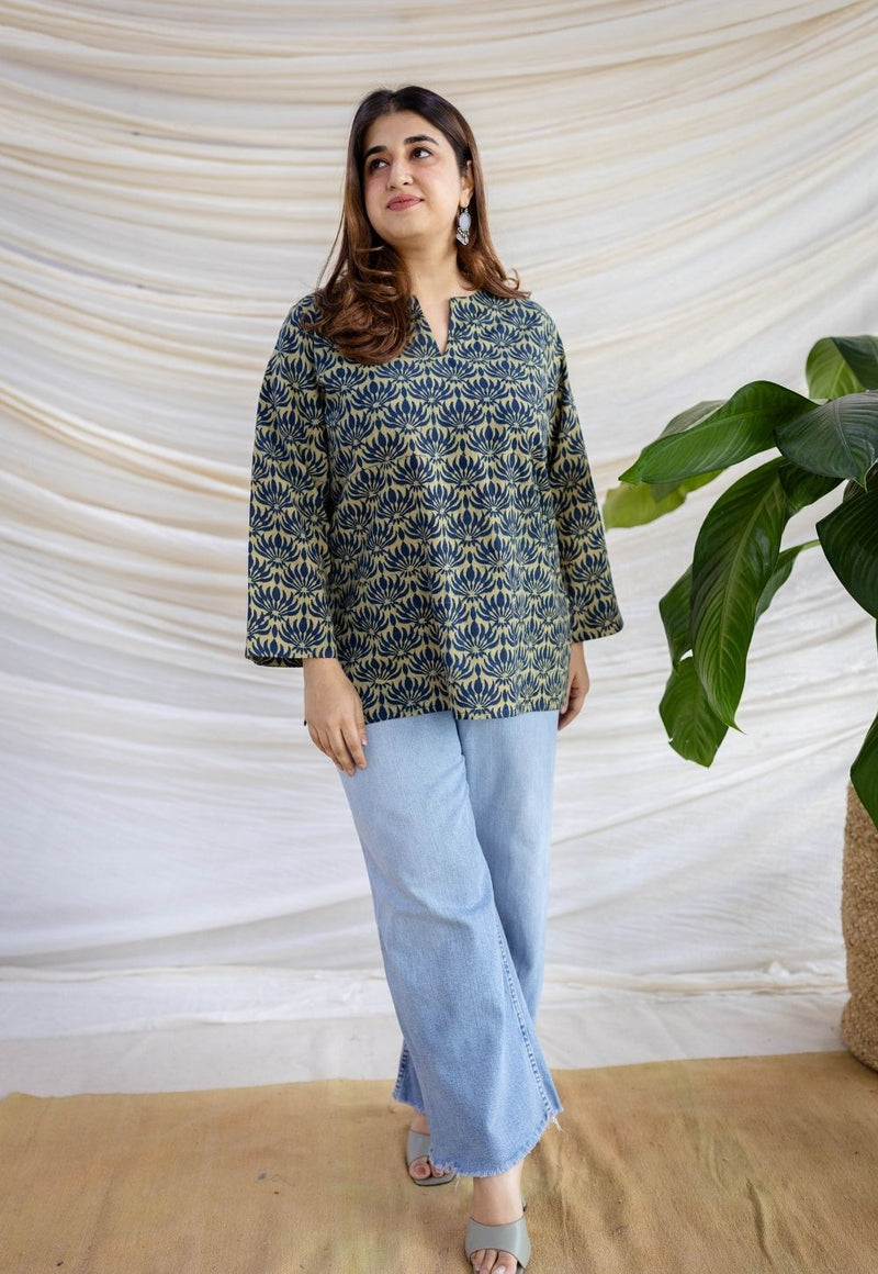 Sifat Green Ajrakh Cotton Straight Short Top