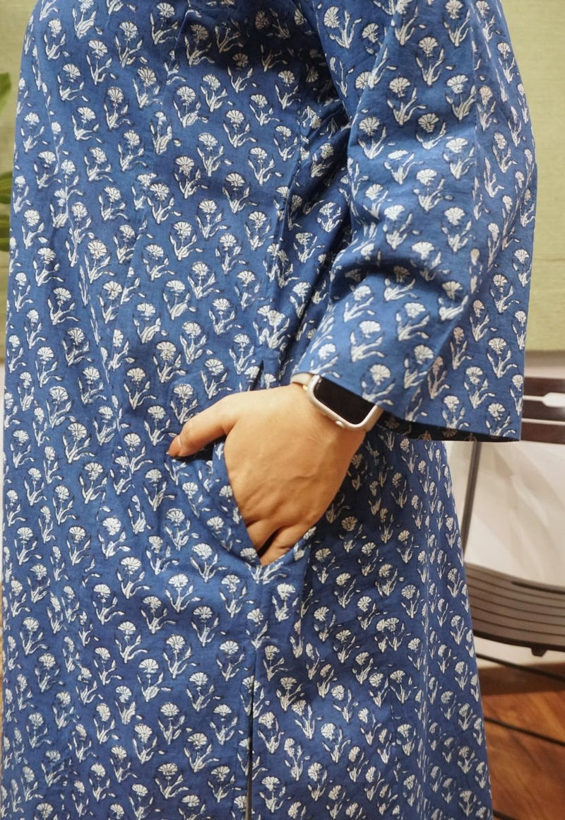 Ayrin Indigo Dabu Cotton Jhabba Kali Kurta