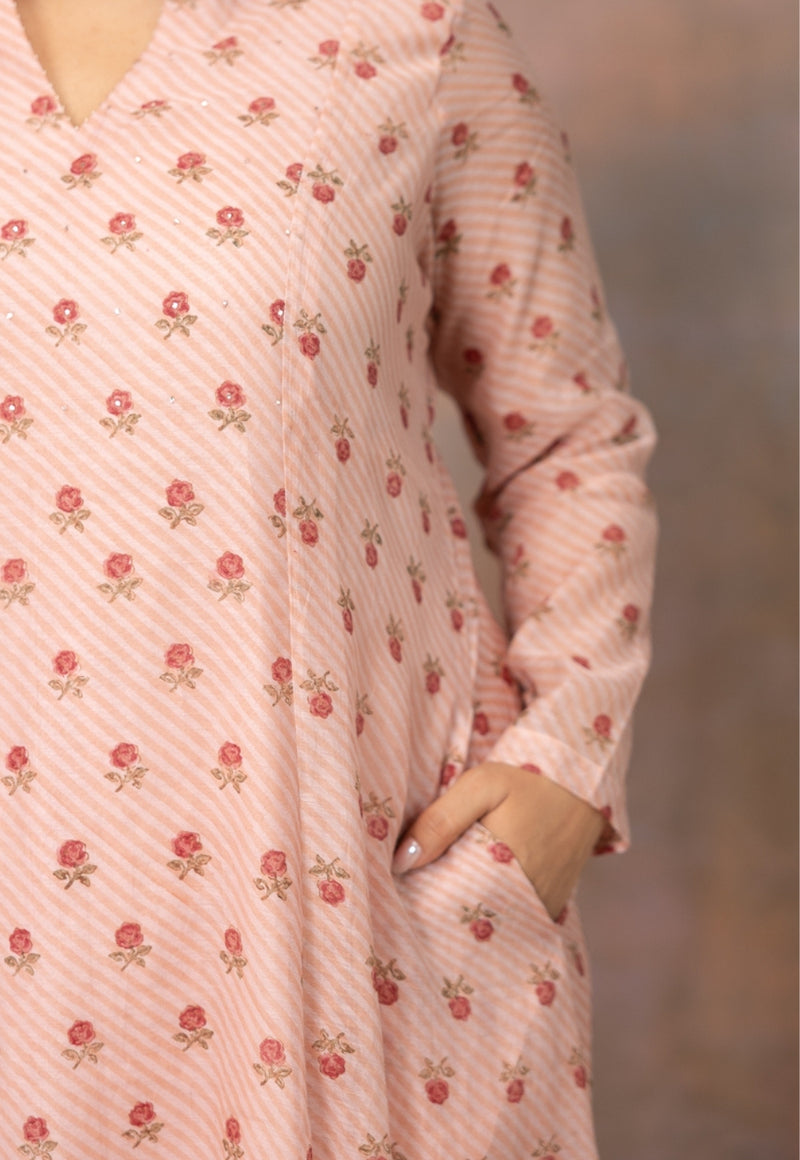 Rose Pink Sanganeri Chanderi Silk Kali Kurta with Hand Embroidery