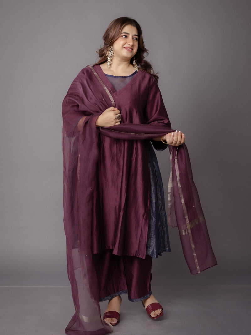 Wine Solid Zari Silk Net Dupatta with Hand Embroidery