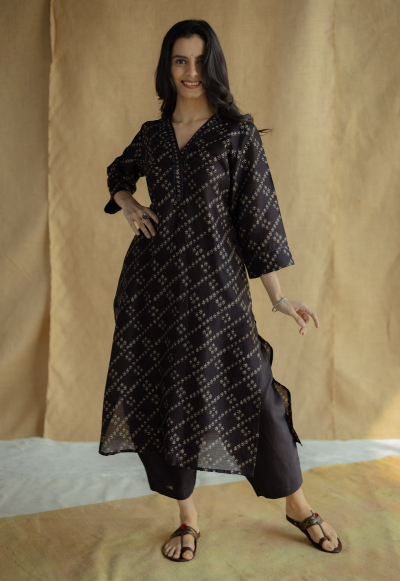 Avika Black Ajrakh Chanderi Silk Straight Kurta with Hand Embroidery