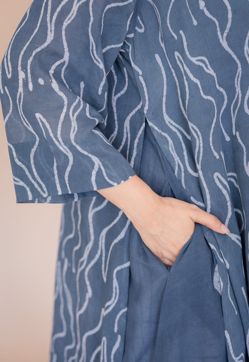 Jarsha Blue Batik MulMul A Line Kurta with Slip