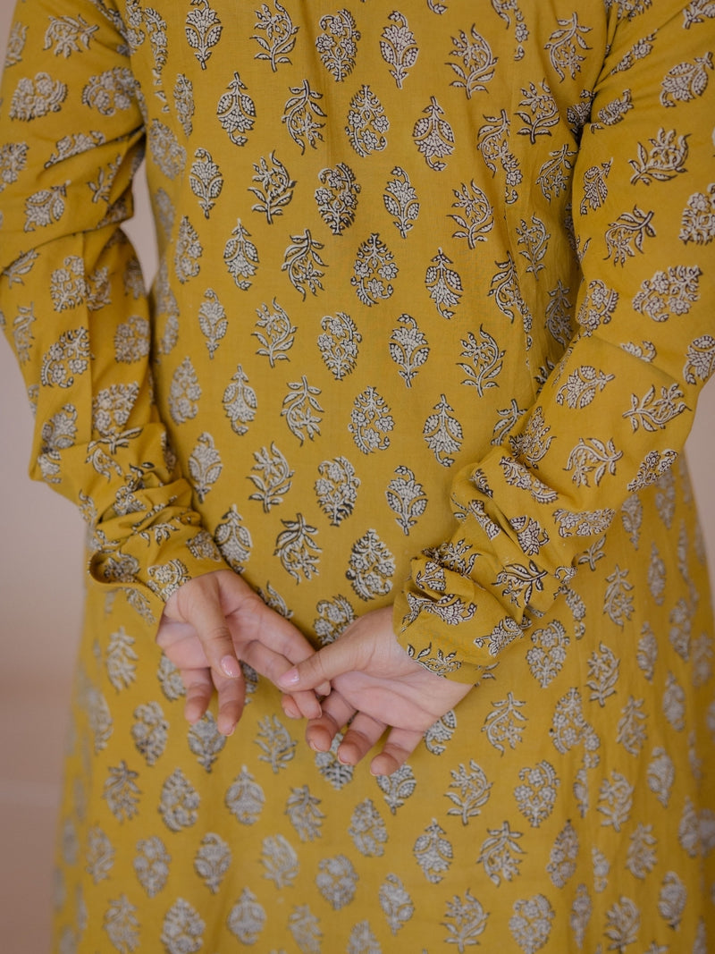 Akrita Yellow Bagru Cotton Kali Kurta