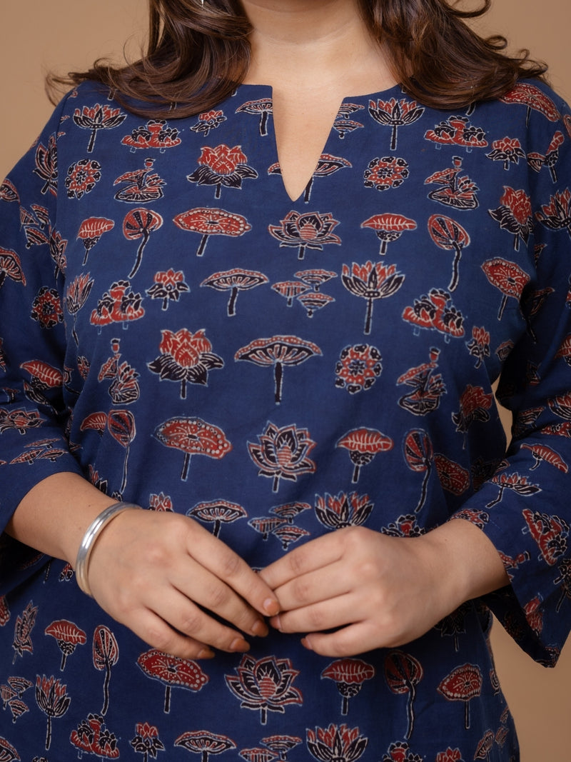 Mishel Blue Ajrakh Cotton Straight Short Top