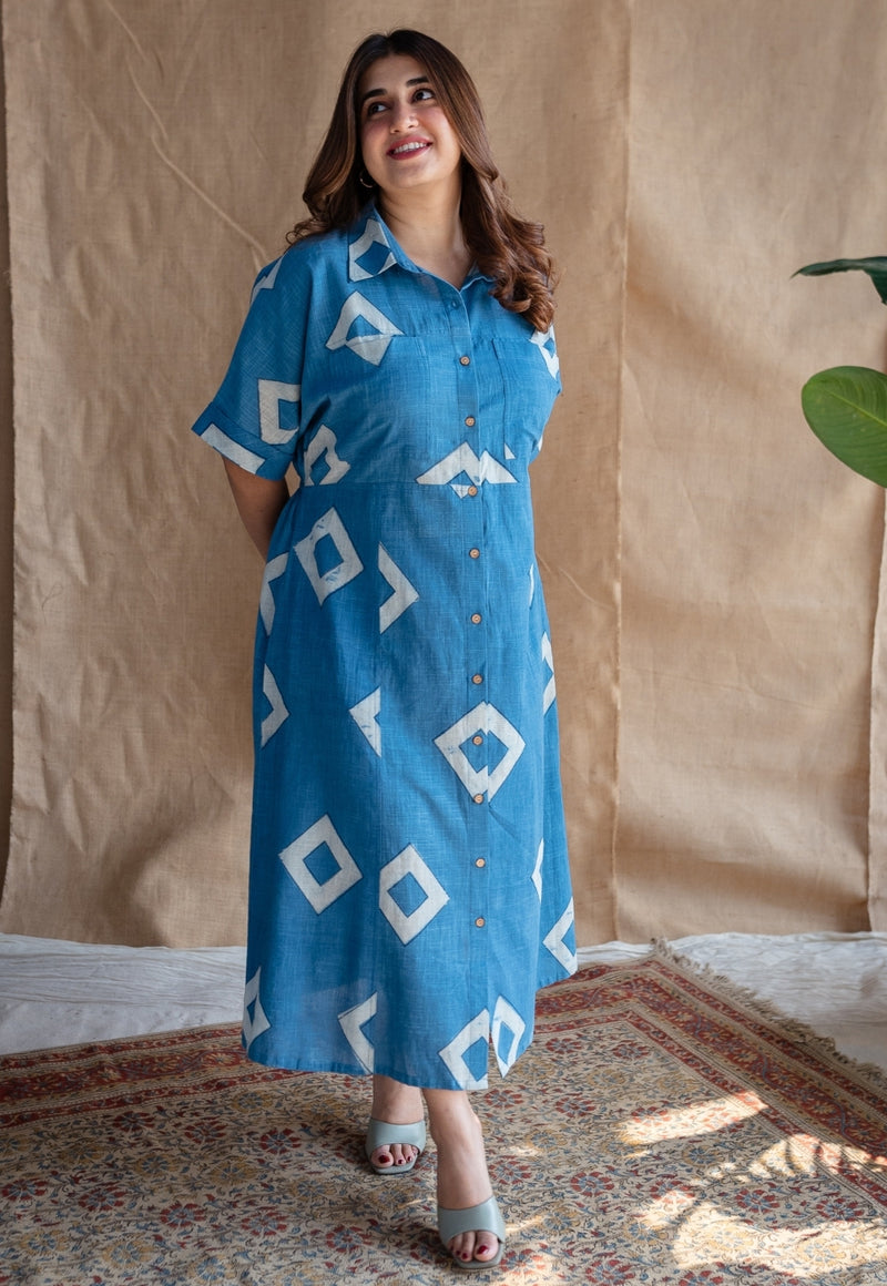 Arham Blue A Line Dabu Slub Cotton Dress