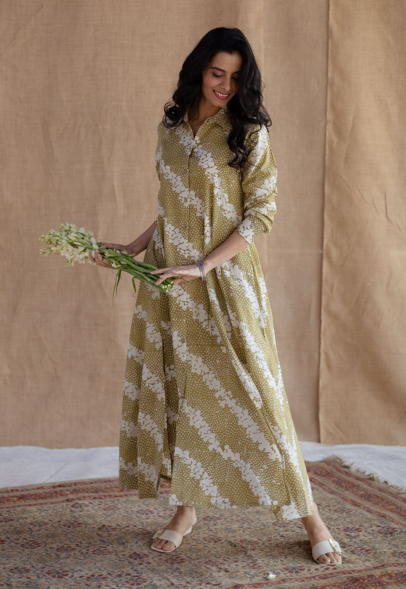 Trusha Moss Green Batik Cotton A Line Dress