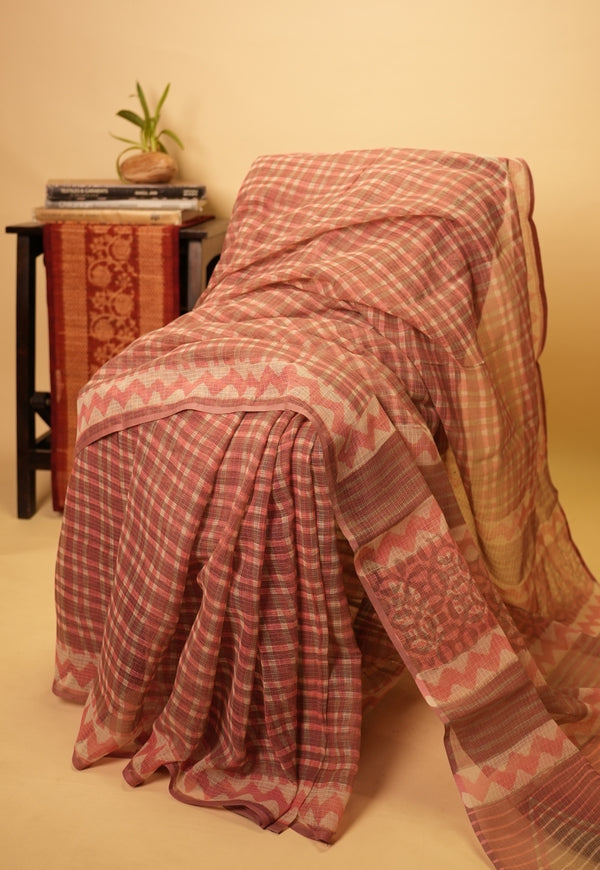 Pink Checks Dabu Hand Block Print Kota Doria Saree