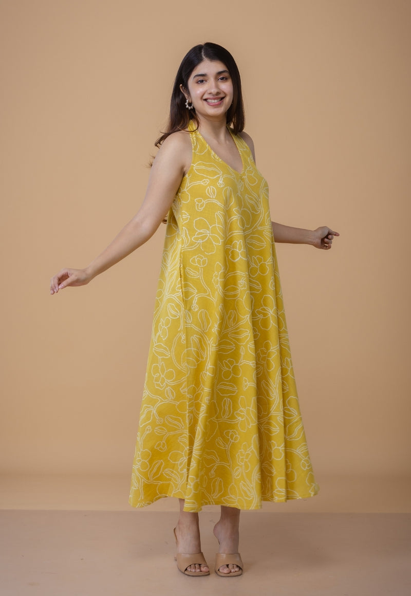 Tashi Yellow Dabu Slub Cotton A Line Dress