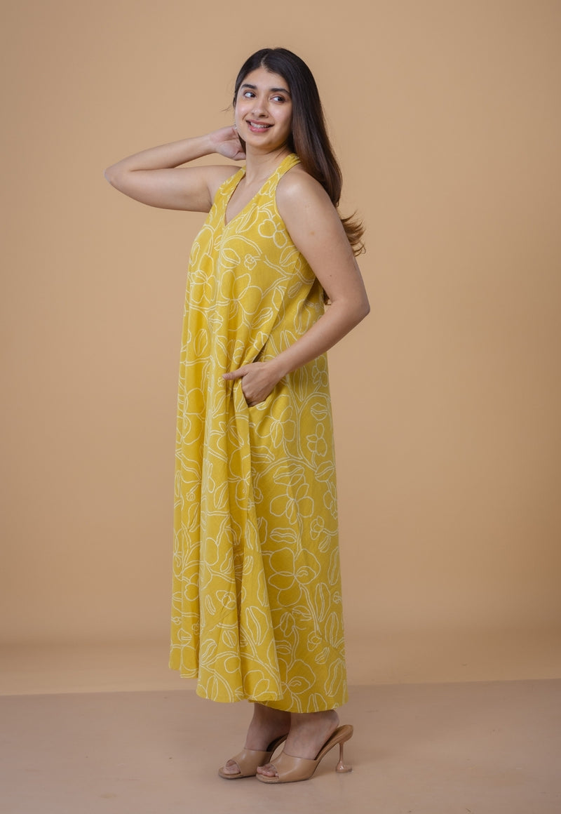Tashi Yellow Dabu Slub Cotton A Line Dress