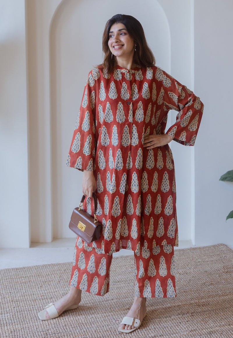 Yashi Red Ajrakh Cotton Straight Pant