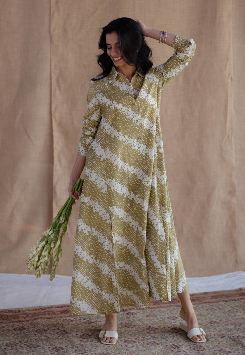 Trusha Moss Green Batik Cotton A Line Dress