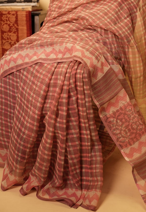 Pink Checks Dabu Hand Block Print Kota Doria Saree